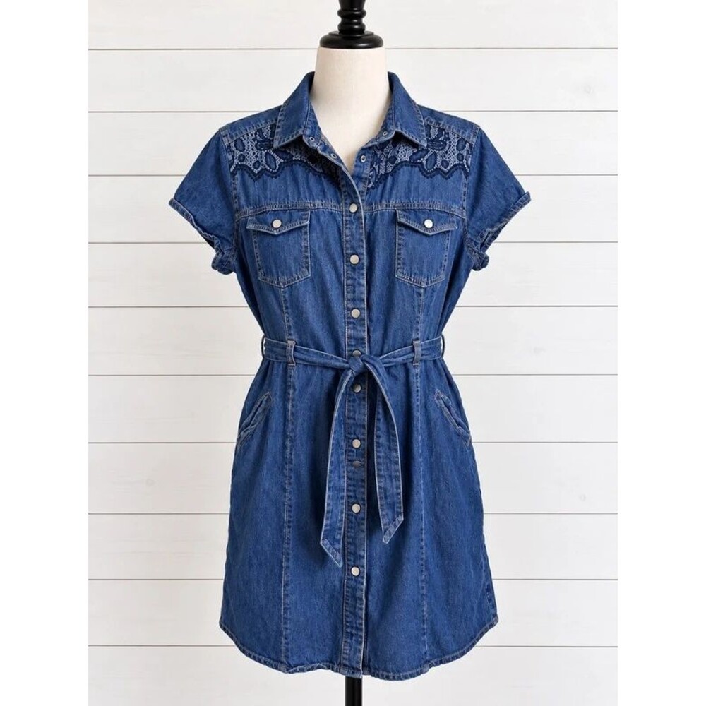 Large Yessica Denim Shift Dress Lace Detail Belted Shirt Dress
